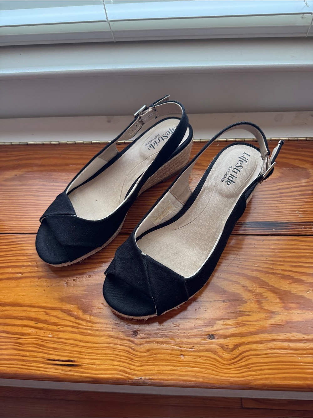 Life Stride Black Slingback Peep-Toe Wedge Sandals